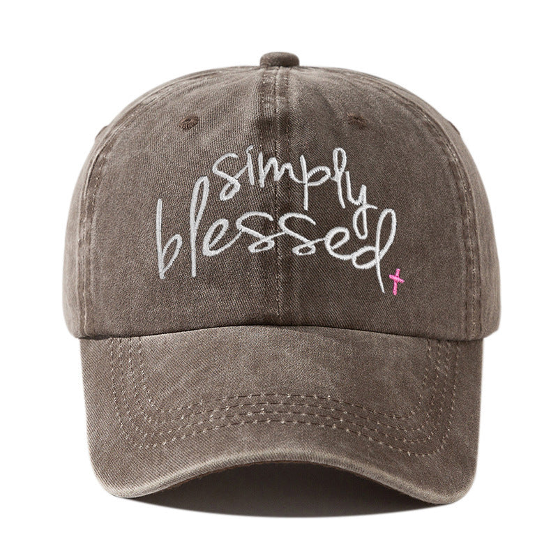 Simply Blessed Wide Brim Sunshade Washed Embroidered English Letter Baseball Cap- CJ - mode24h