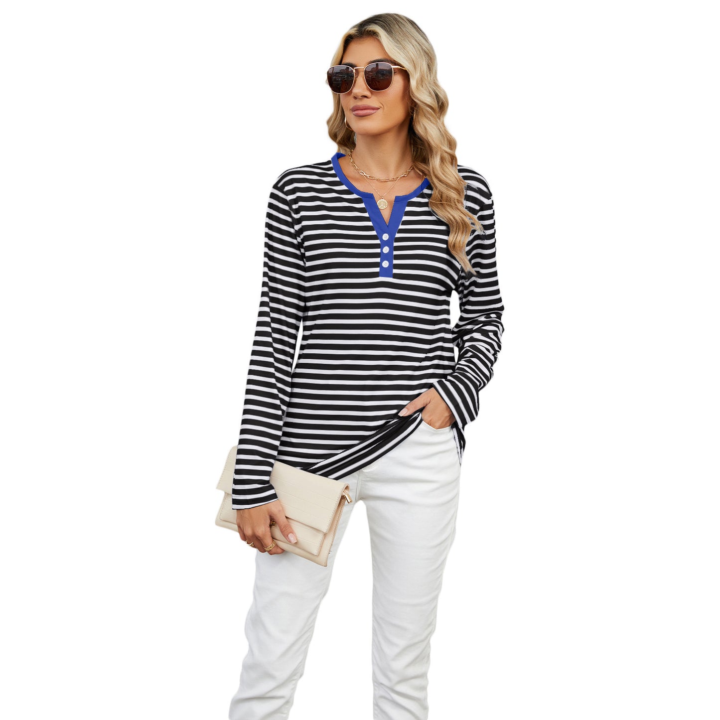 Women's V-neck Striped Loose Long-sleeved T-shirt Top -CJ - mode24h