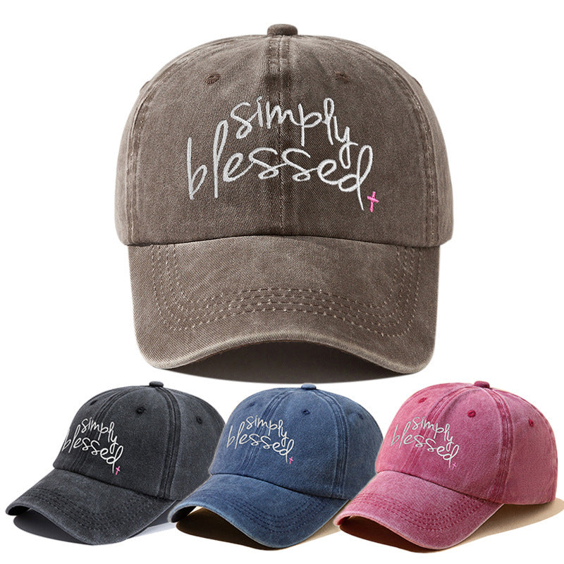 Simply Blessed Wide Brim Sunshade Washed Embroidered English Letter Baseball Cap- CJ - mode24h
