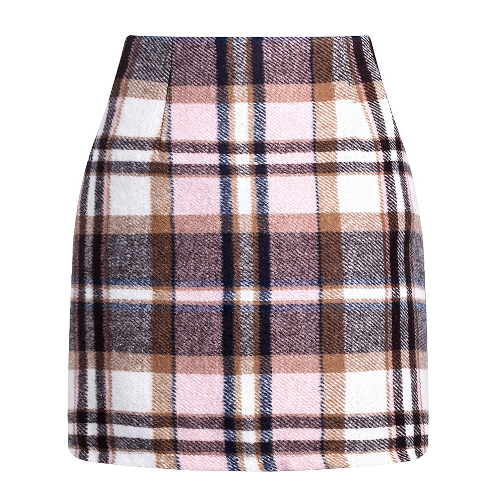 Women's High Waist Plaid Tight Pencil Wool Mini Skirt- CJ - mode24h