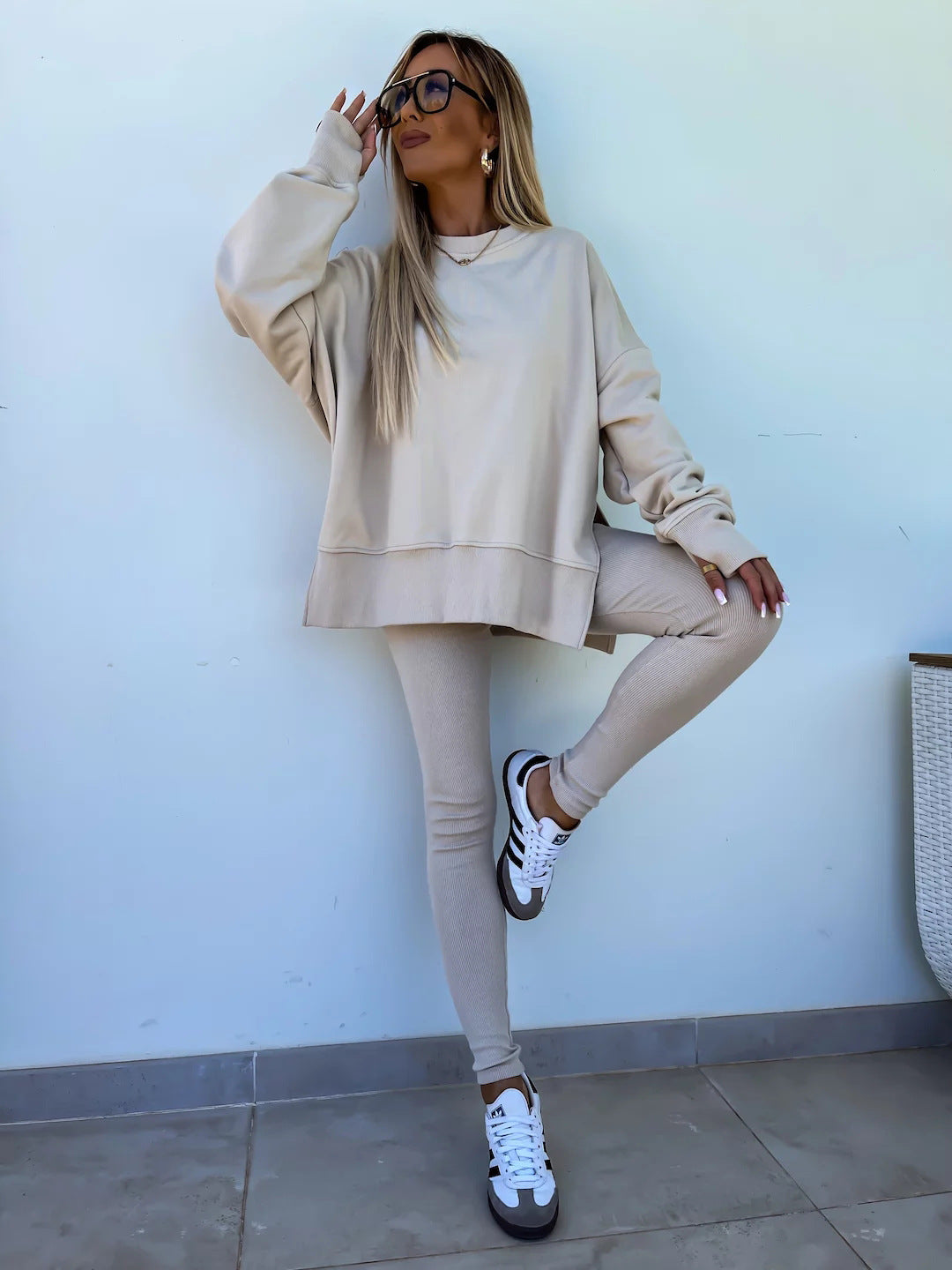 Sweater Suit Women's Casual Loose Long Sleeve Crew Neck Split Top Tight Trousers - CJ - mode24h