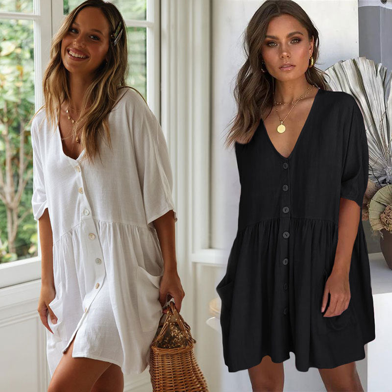 Beach Bikini Blouse Loose Button Vacation Skirt -CJ - mode24h