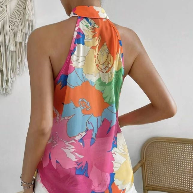 Ladies' Colorful Floral Print Sleeveless Vacation Style Loose Chiffon Shirt - CJ - mode24h