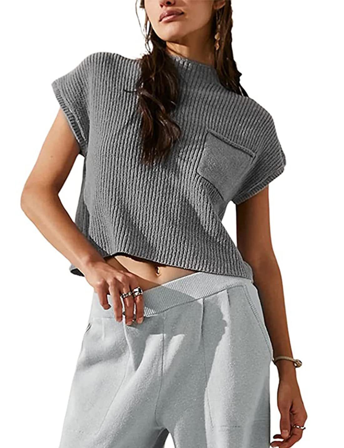Women's Knitted Sleeveless Pocket Casual Rib Pullover Vest - CJ - mode24h