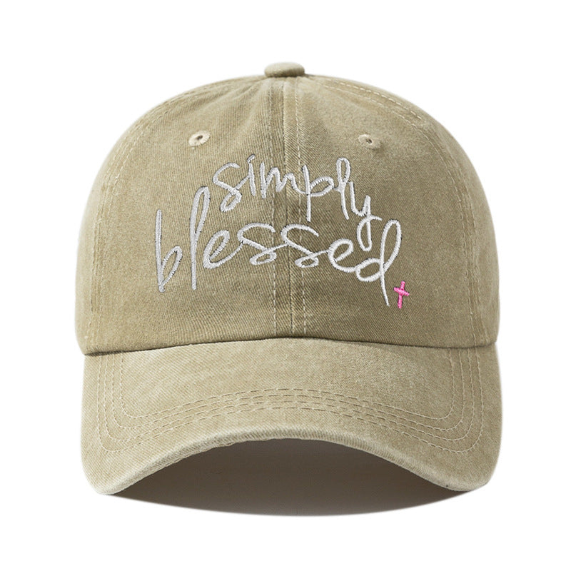 Simply Blessed Wide Brim Sunshade Washed Embroidered English Letter Baseball Cap- CJ - mode24h
