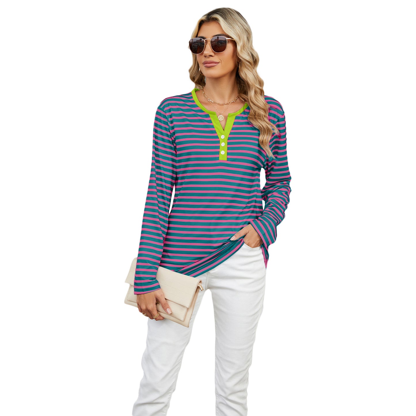 Women's V-neck Striped Loose Long-sleeved T-shirt Top -CJ - mode24h