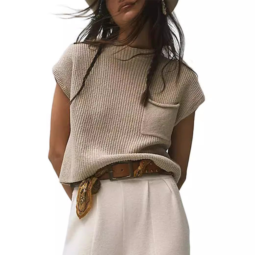 Women's Knitted Sleeveless Pocket Casual Rib Pullover Vest - CJ - mode24h