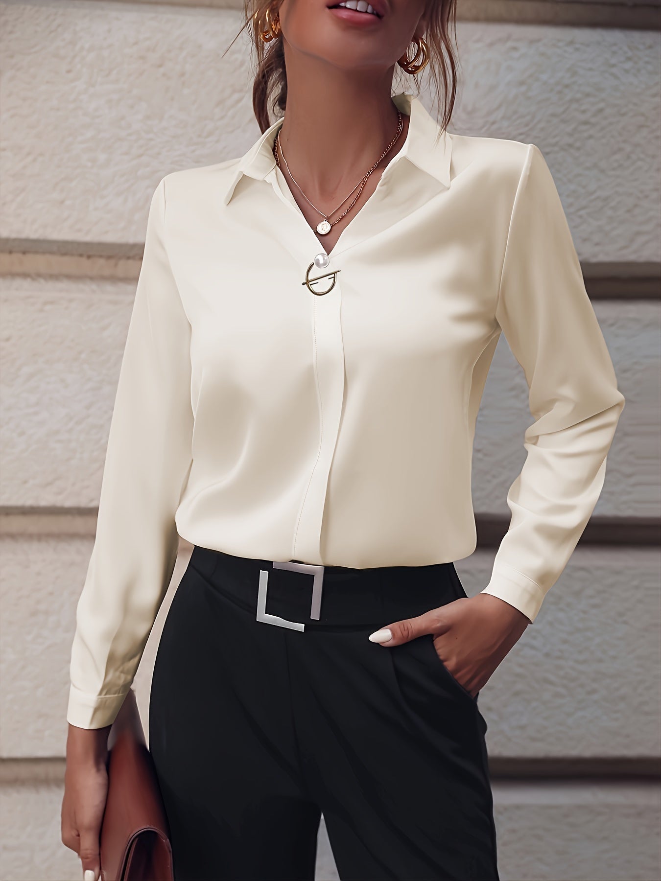 Fashionable Elegant Business Style Long Sleeve Shirt With Pearl Button- CJ - mode24h