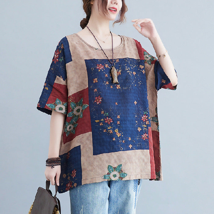 Ethnic Style Loose Round Neck Print Short Sleeve T-shirt -CJ - mode24h