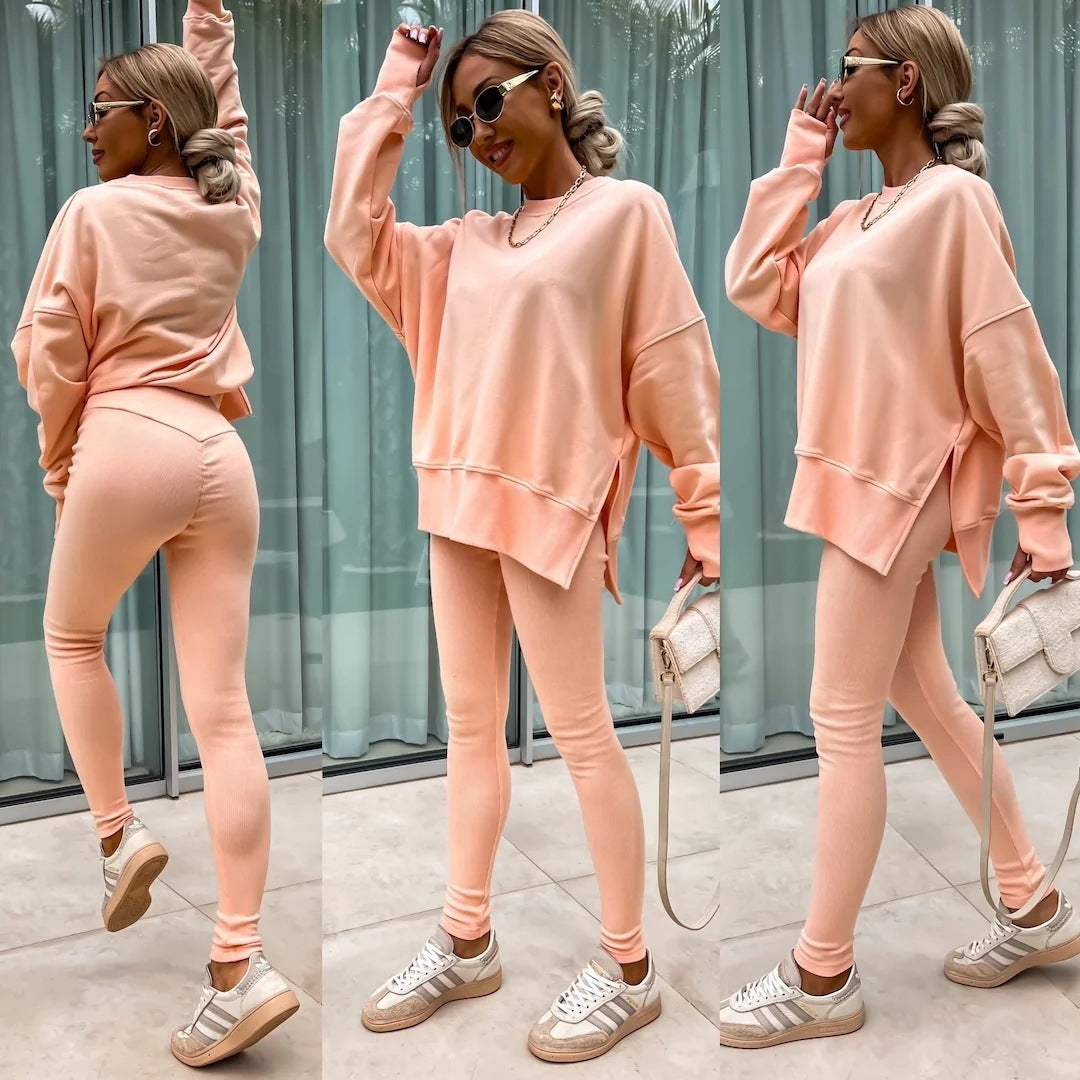 Sweater Suit Women's Casual Loose Long Sleeve Crew Neck Split Top Tight Trousers - CJ - mode24h