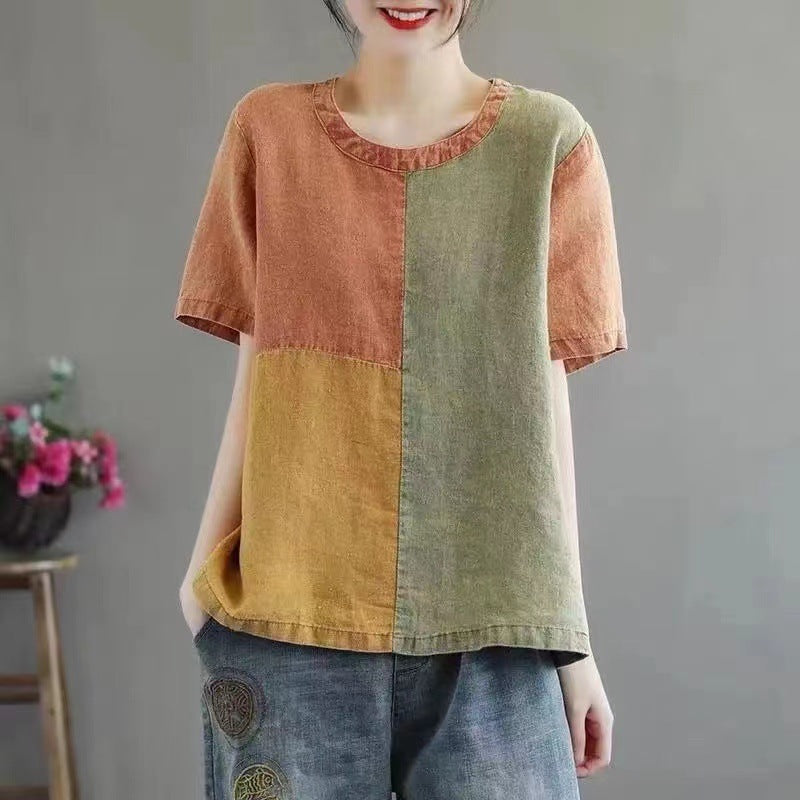 Cotton Linen Contrast Color T-shirt Artistic Design Half Sleeve Women - mode24h