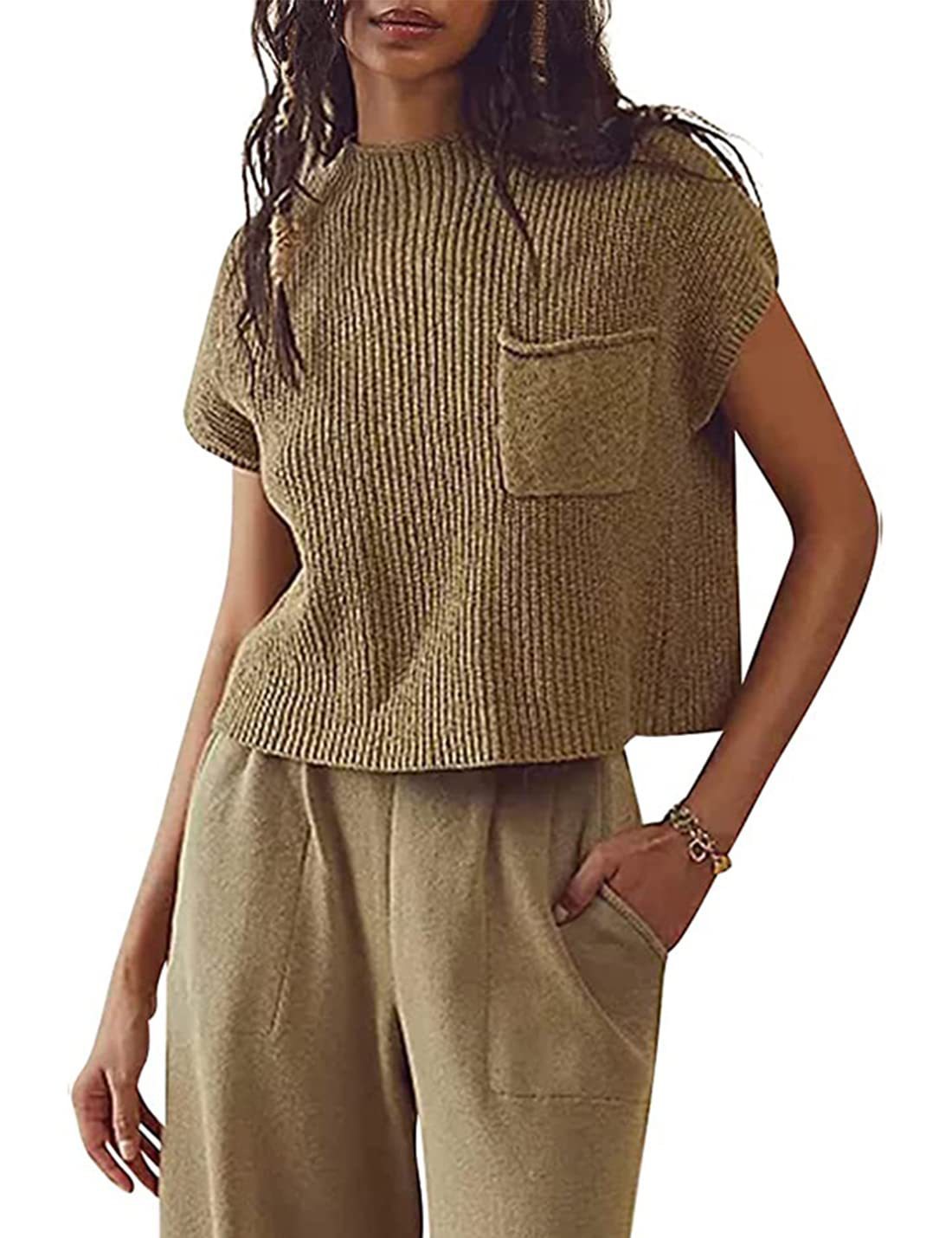 Women's Knitted Sleeveless Pocket Casual Rib Pullover Vest - CJ - mode24h