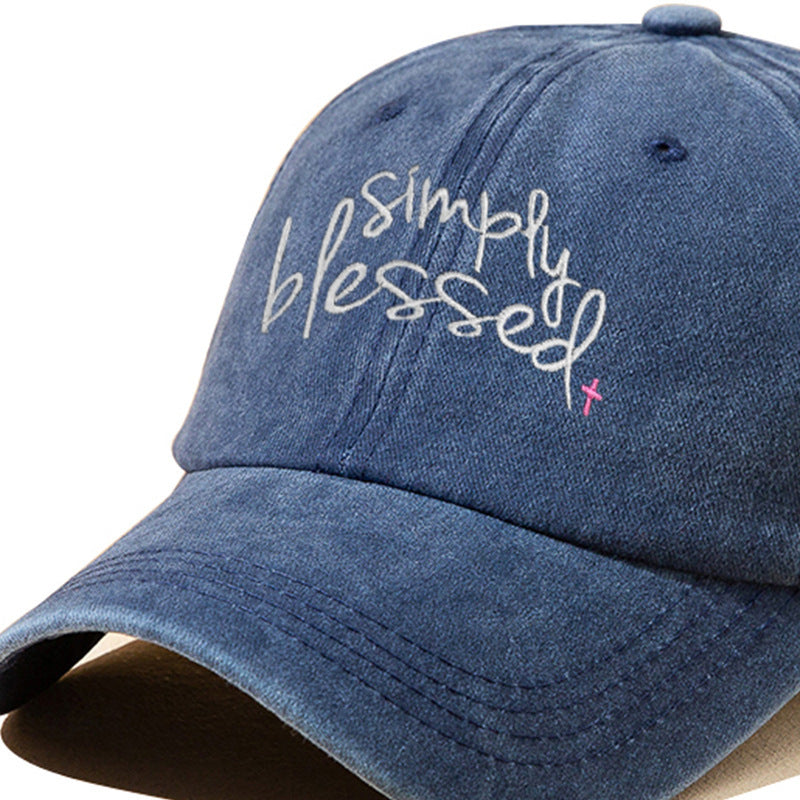 Simply Blessed Wide Brim Sunshade Washed Embroidered English Letter Baseball Cap- CJ - mode24h