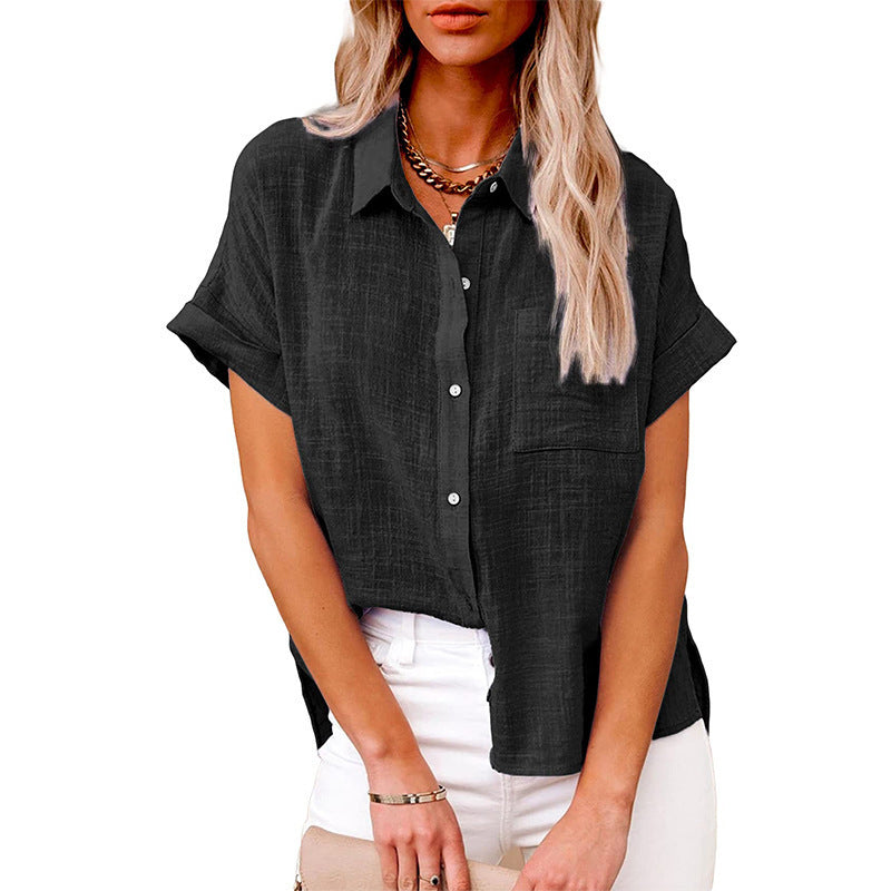 Women's Fashion Casual Cotton Linen Pocket Short-sleeved Shirt - CJ - mode24h
