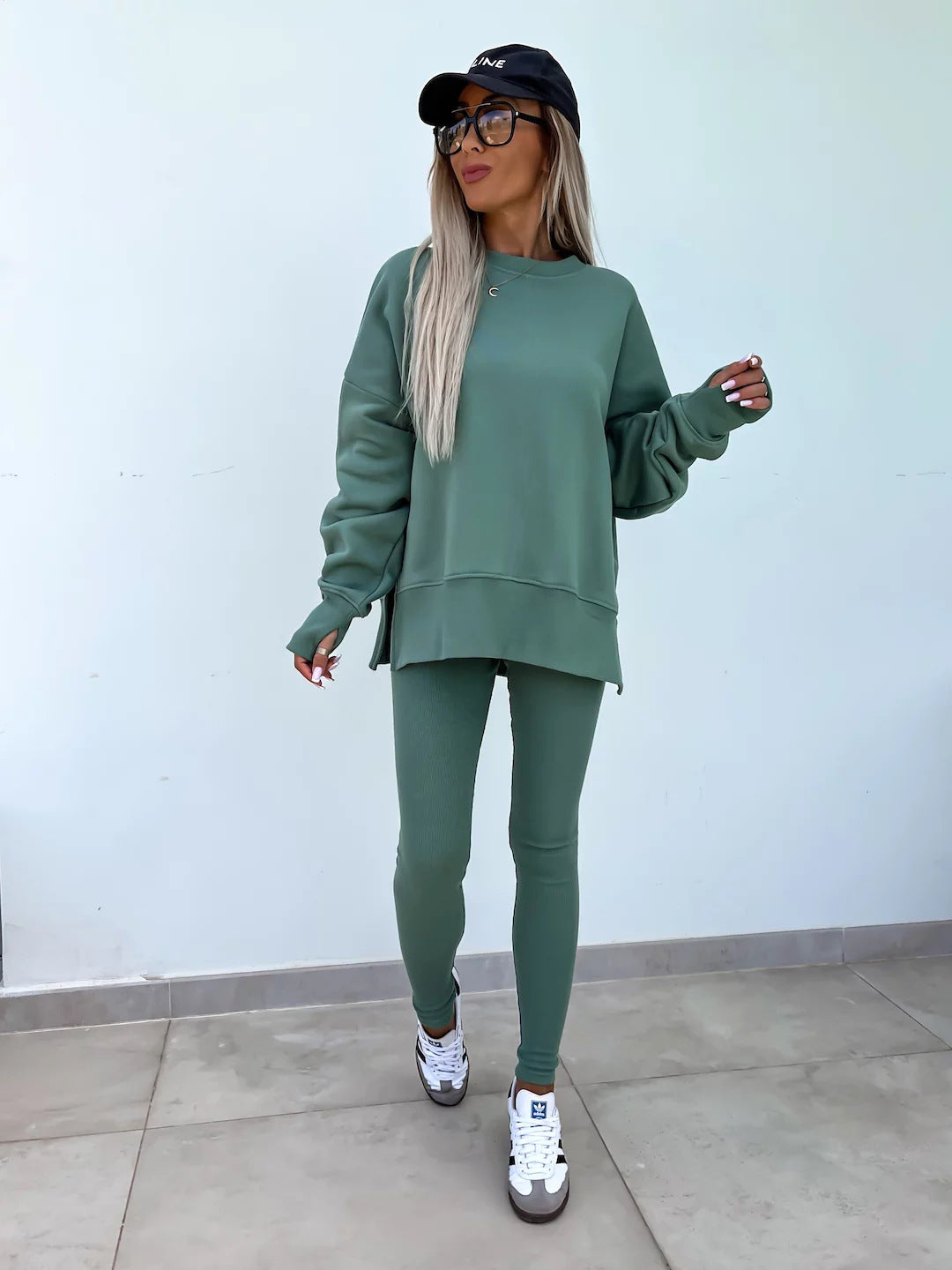 Sweater Suit Women's Casual Loose Long Sleeve Crew Neck Split Top Tight Trousers - CJ - mode24h