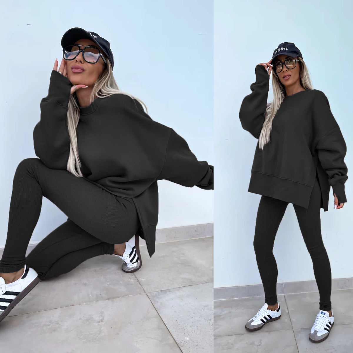 Sweater Suit Women's Casual Loose Long Sleeve Crew Neck Split Top Tight Trousers - CJ - mode24h