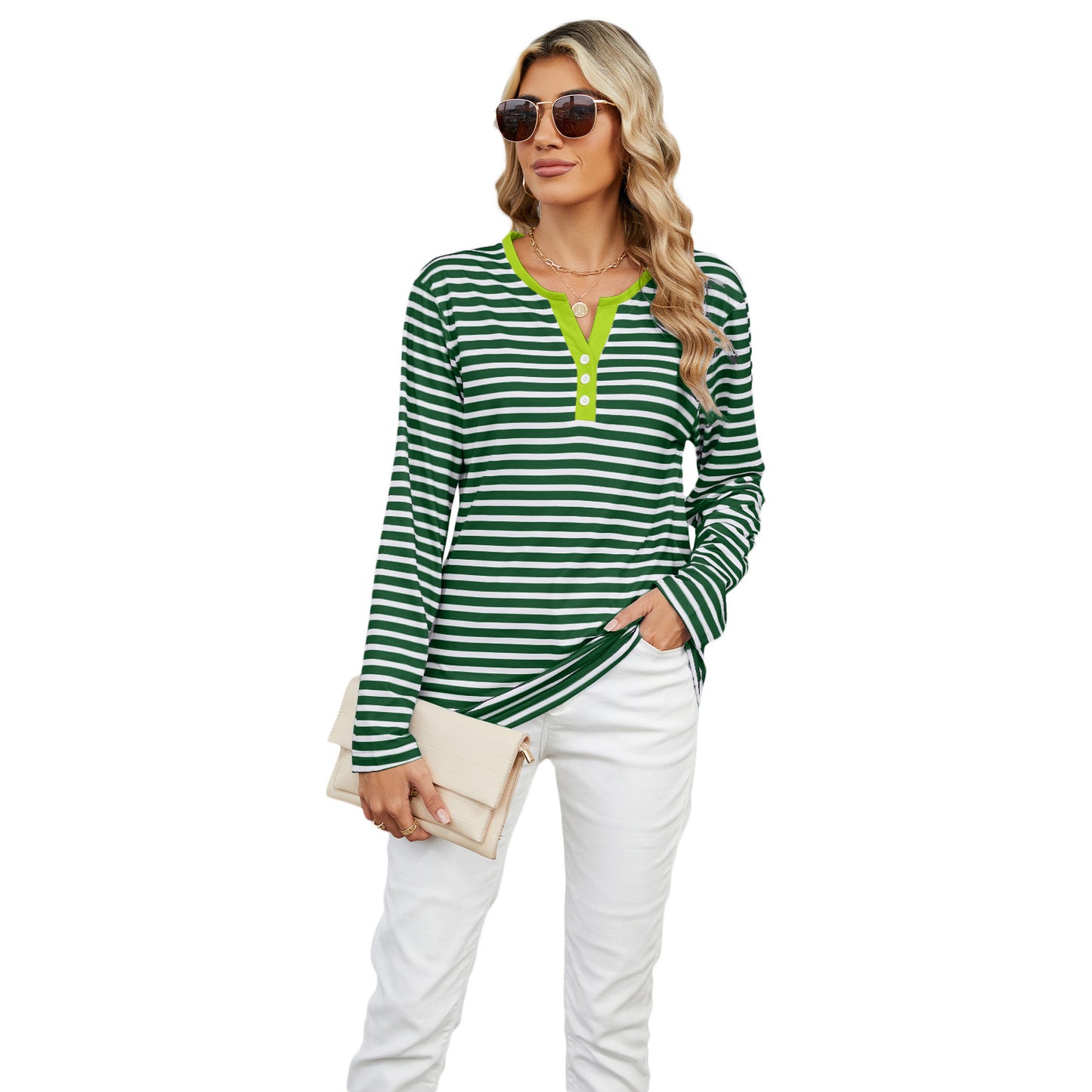 Women's V-neck Striped Loose Long-sleeved T-shirt Top -CJ - mode24h