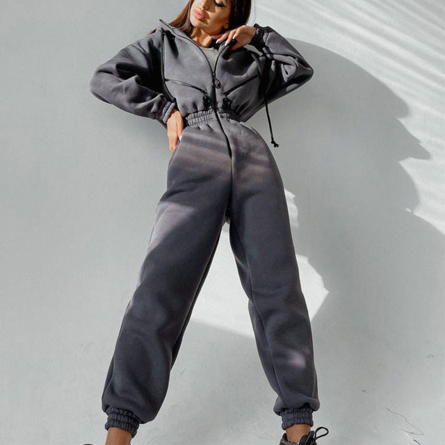 Casual Women Basic Hoodie Two Piece Sets Zipper Drawstring - CJ - mode24h