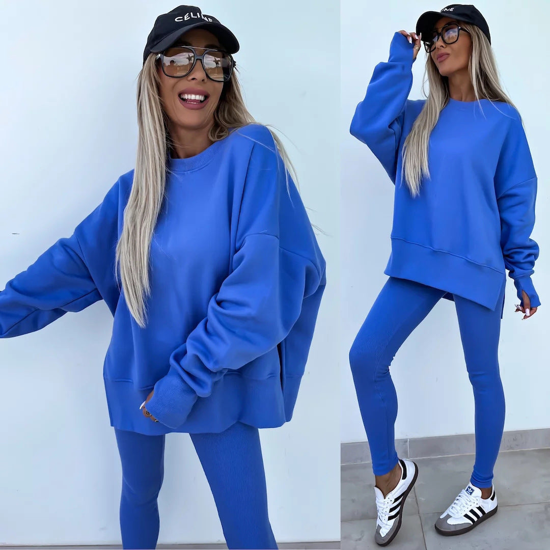 Sweater Suit Women's Casual Loose Long Sleeve Crew Neck Split Top Tight Trousers - CJ - mode24h