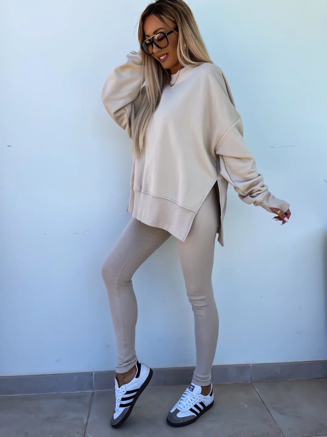 Sweater Suit Women's Casual Loose Long Sleeve Crew Neck Split Top Tight Trousers - CJ - mode24h