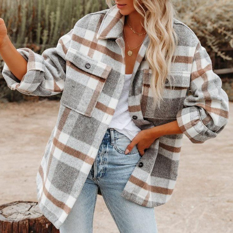 Plaid Button Flannel Woolen Shirt - CJ - mode24h