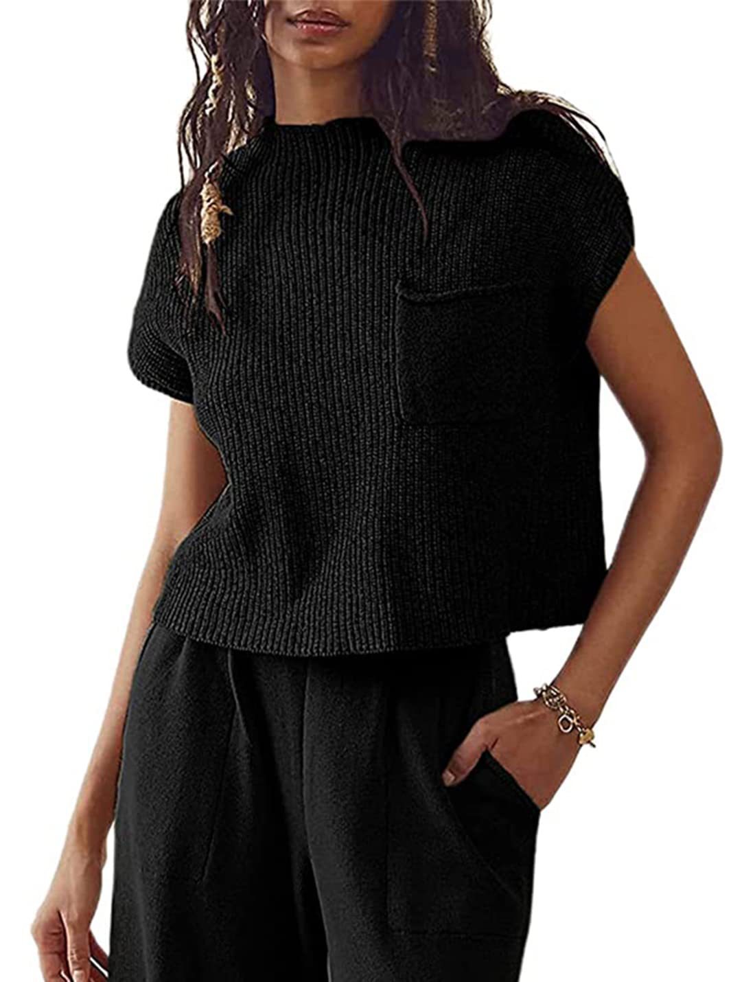 Women's Knitted Sleeveless Pocket Casual Rib Pullover Vest - CJ - mode24h
