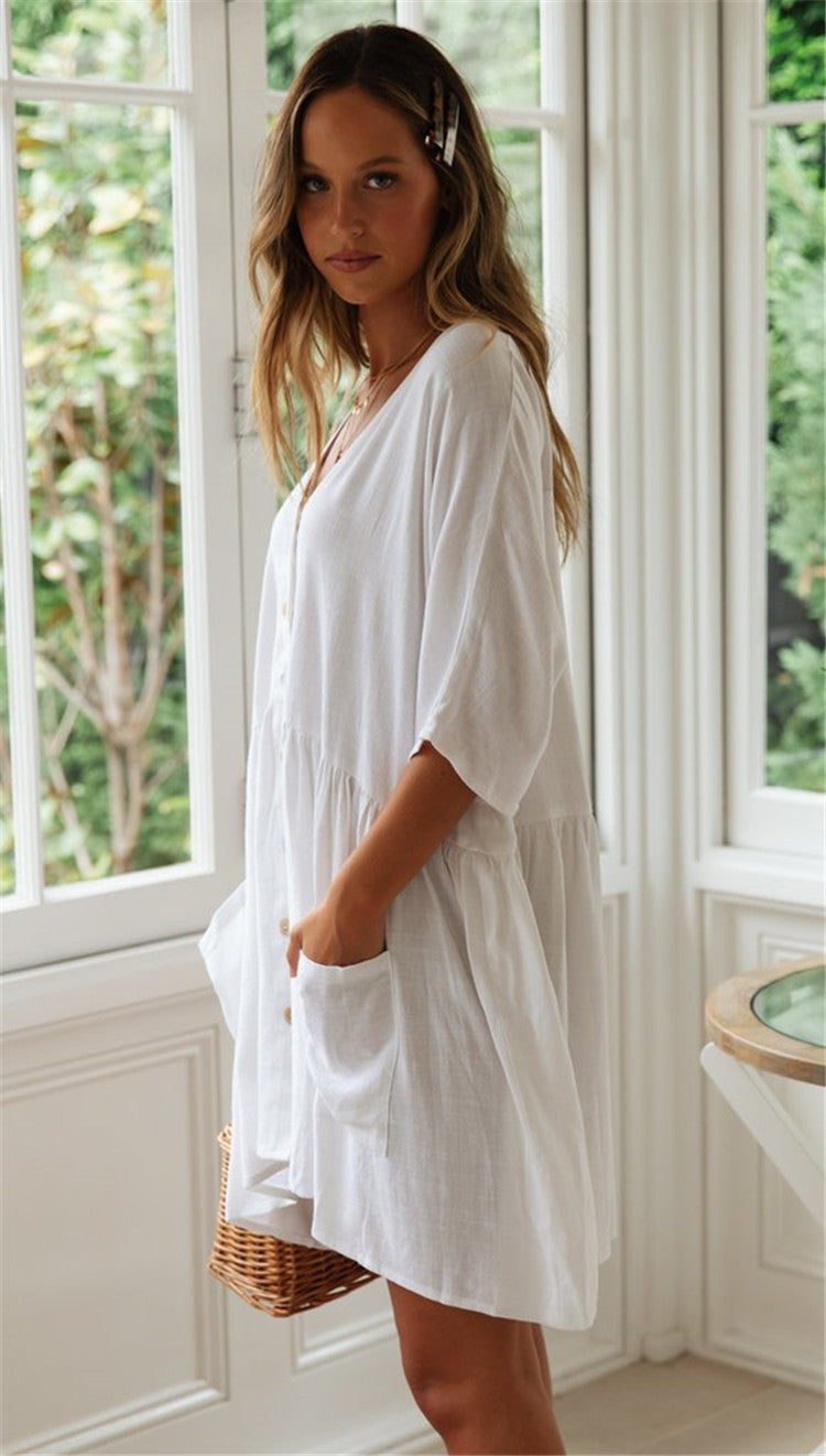 Beach Bikini Blouse Loose Button Vacation Skirt -CJ - mode24h