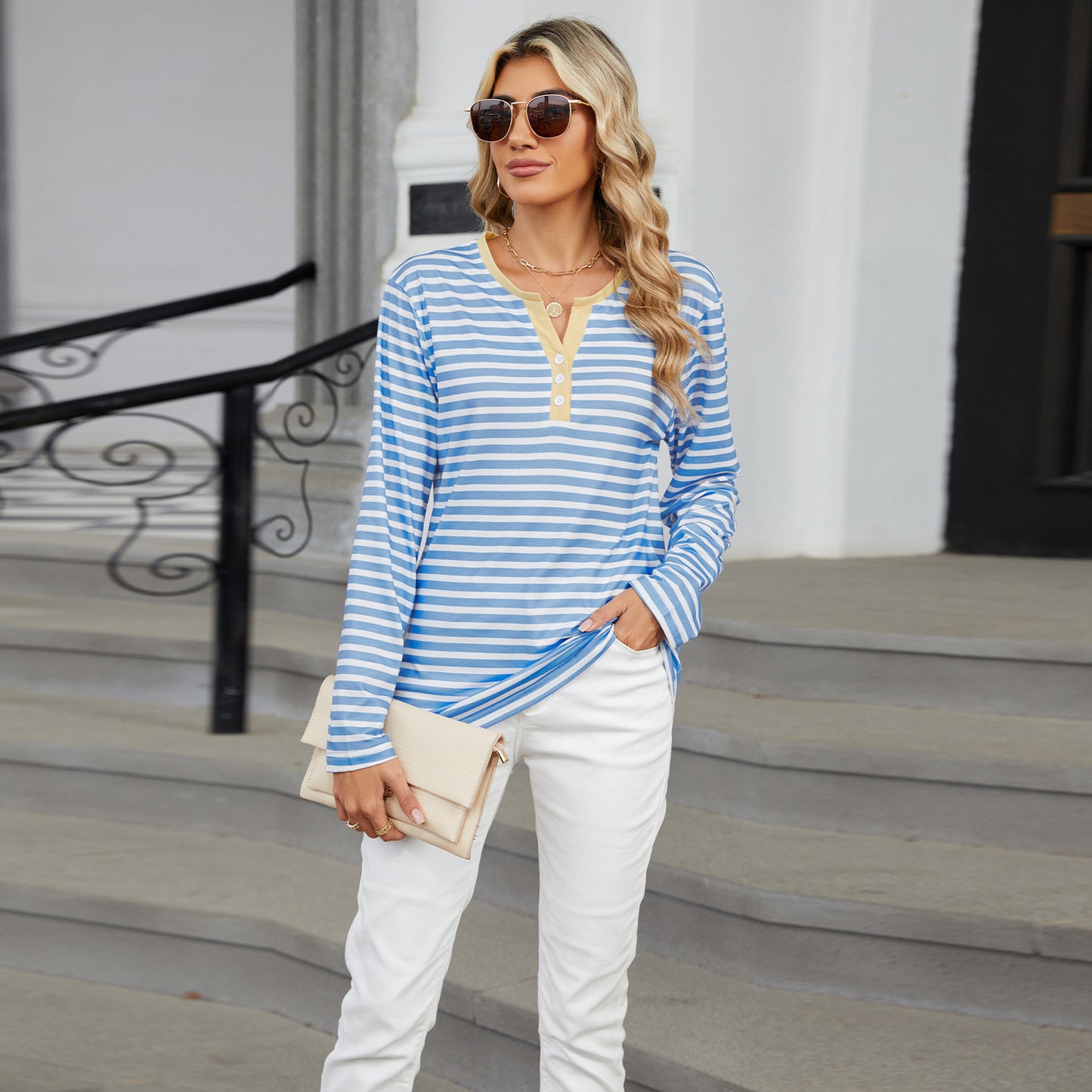 Women's V-neck Striped Loose Long-sleeved T-shirt Top -CJ - mode24h