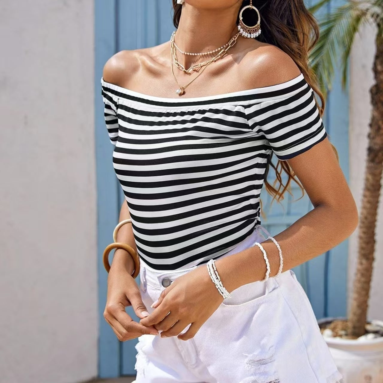 Ladies' Off Shoulder Striped Top Casual One Shoulder Shirt -CJ - mode24h