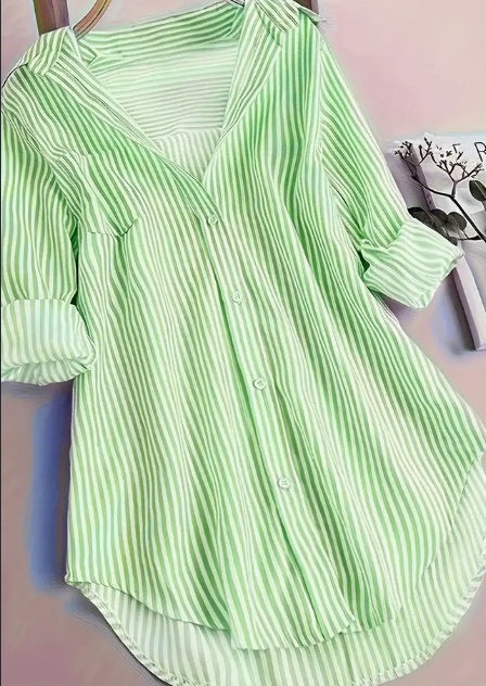 Stripe Print Button Front Blouse, Casual Long Sleeve Blouse For Spring & Fall, Women's Clothing- CJ - mode24h