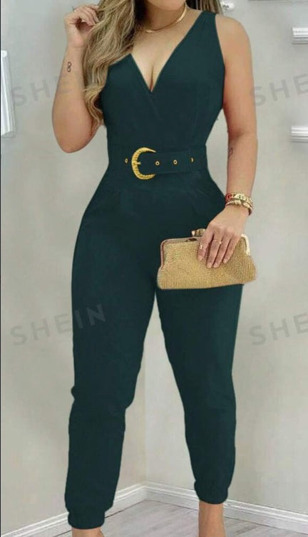 Women's Solid Color V-Neck Pleated Sleeveless Jumpsuit For Daily & Office Wear, Summer- CJ - mode24h