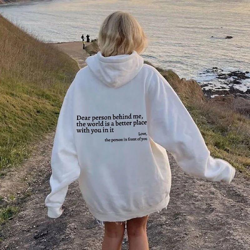 "Dear Person Behind Me" Printed Plush Hoodie- CJ - mode24h