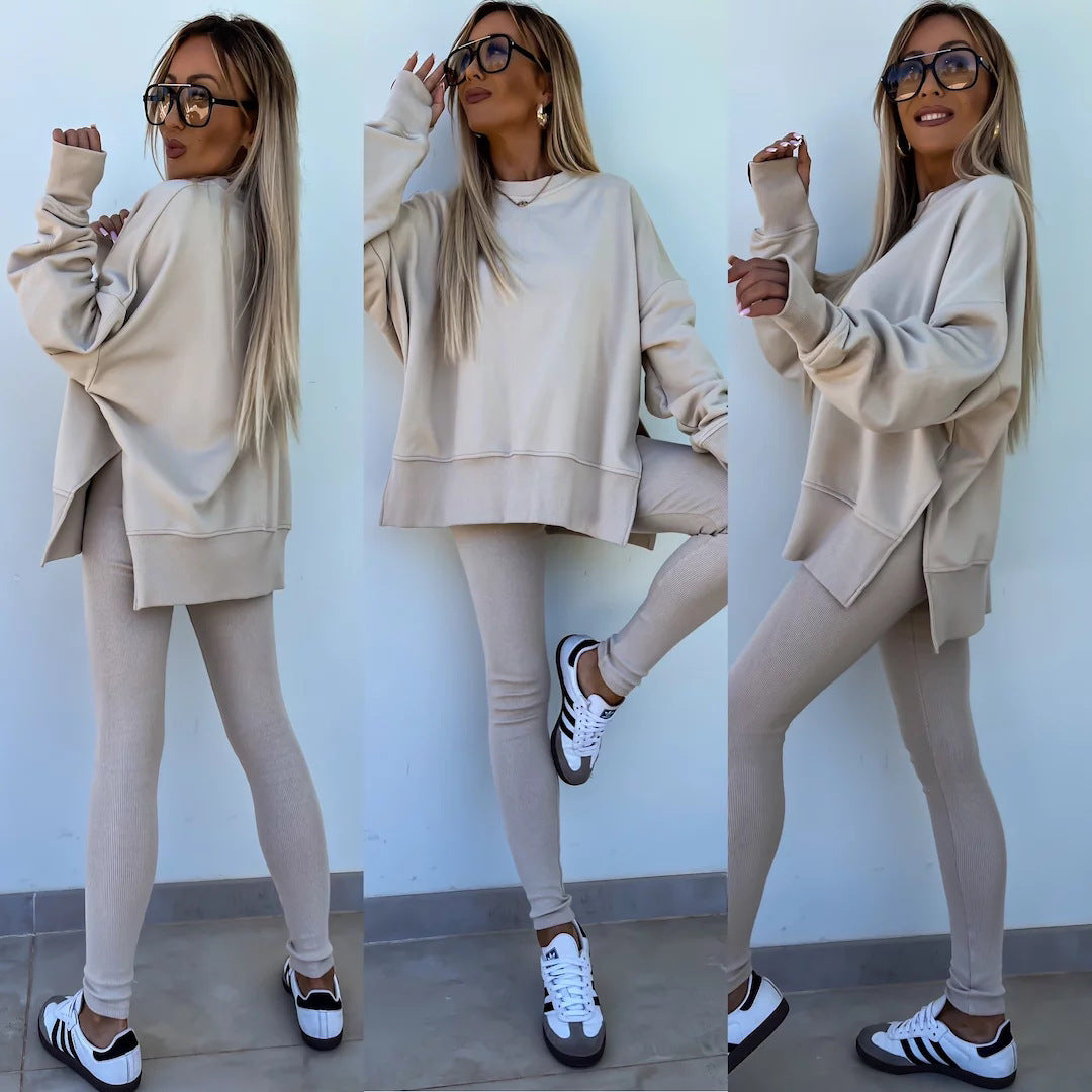 Sweater Suit Women's Casual Loose Long Sleeve Crew Neck Split Top Tight Trousers - CJ - mode24h