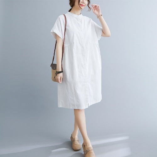 Literary Loose Plain Cotton And Linen Stand Collar Short Sleeves- CJ - mode24h