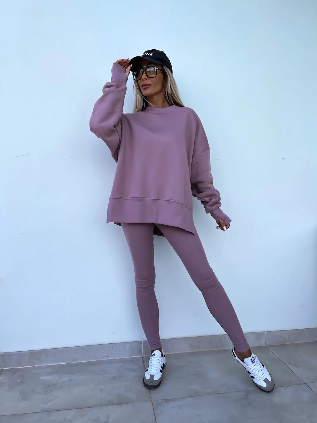 Sweater Suit Women's Casual Loose Long Sleeve Crew Neck Split Top Tight Trousers - CJ - mode24h