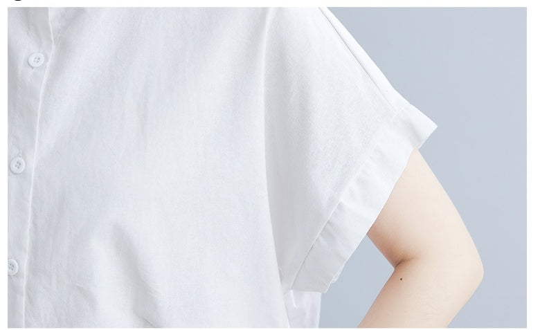 Literary Loose Plain Cotton And Linen Stand Collar Short Sleeves- CJ - mode24h