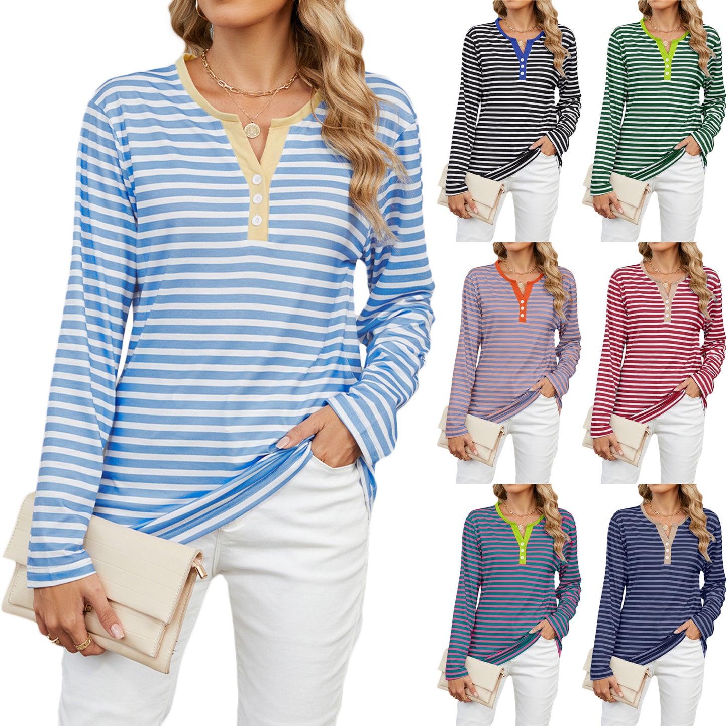 Women's V-neck Striped Loose Long-sleeved T-shirt Top -CJ - mode24h