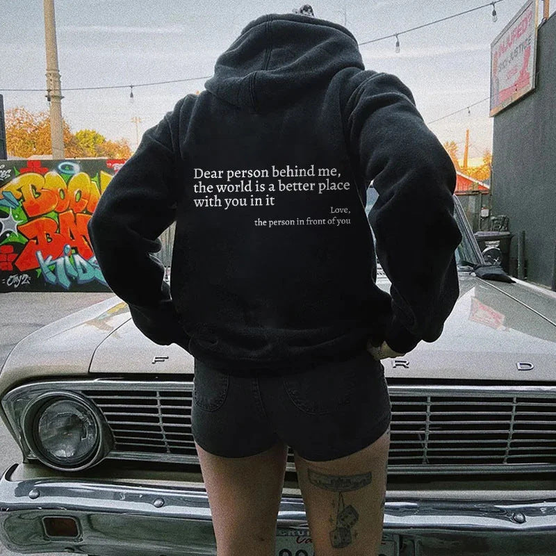 "Dear Person Behind Me" Printed Plush Hoodie- CJ - mode24h