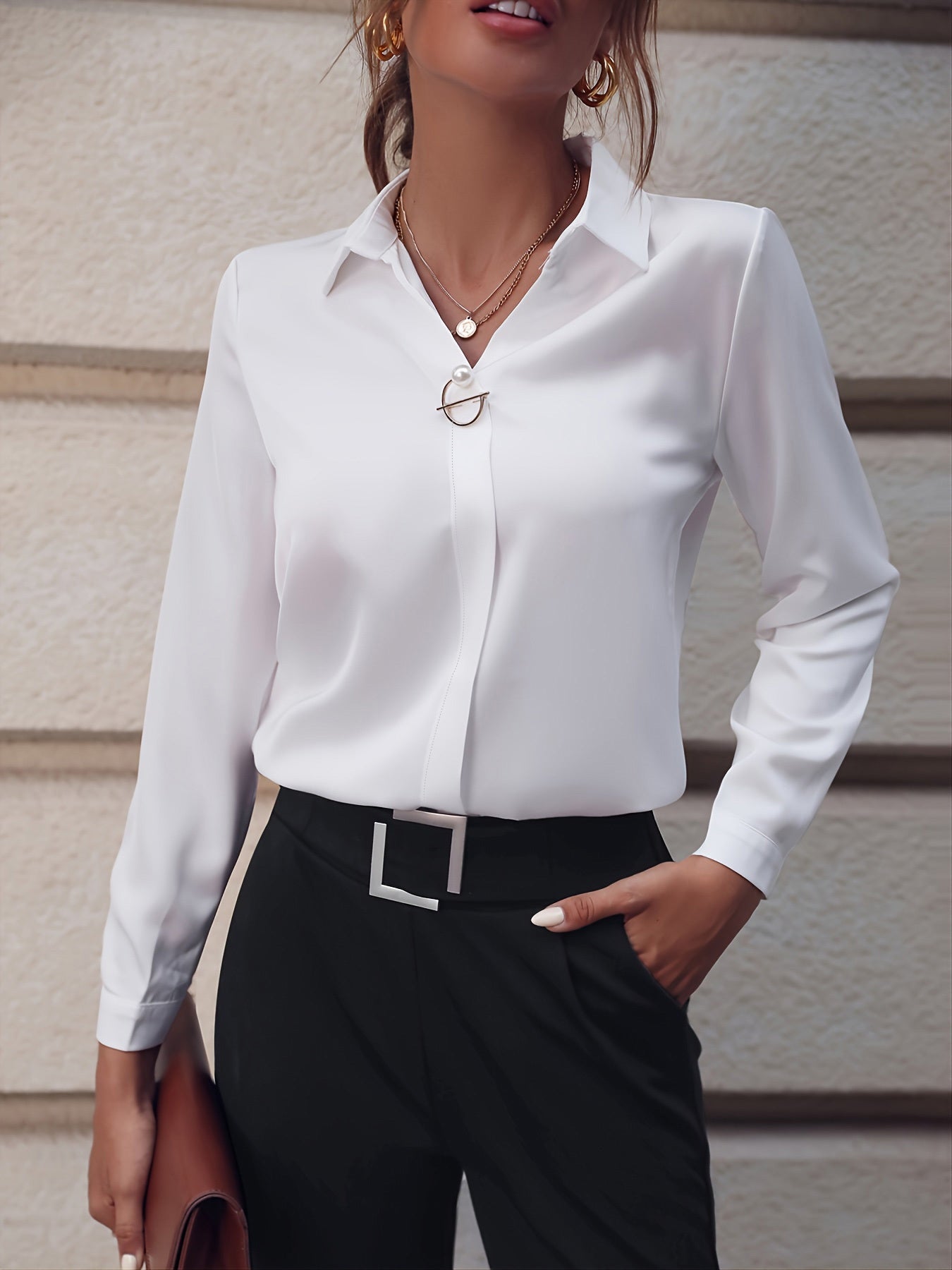 Fashionable Elegant Business Style Long Sleeve Shirt With Pearl Button- CJ - mode24h