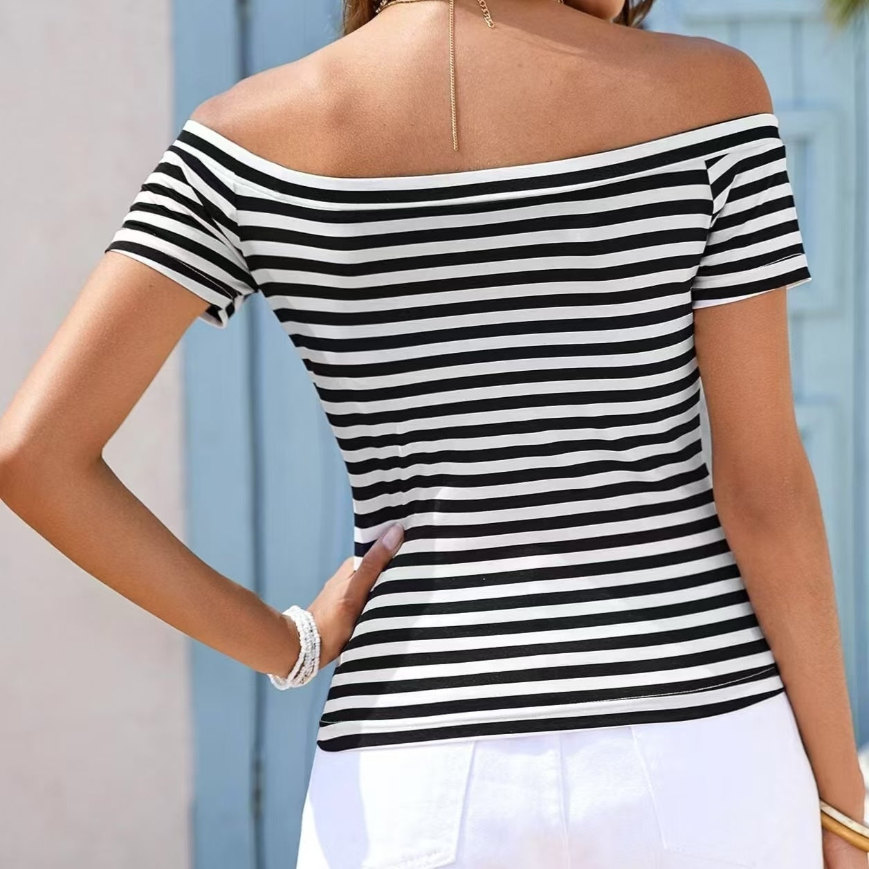 Ladies' Off Shoulder Striped Top Casual One Shoulder Shirt -CJ - mode24h