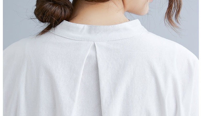 Literary Loose Plain Cotton And Linen Stand Collar Short Sleeves- CJ - mode24h