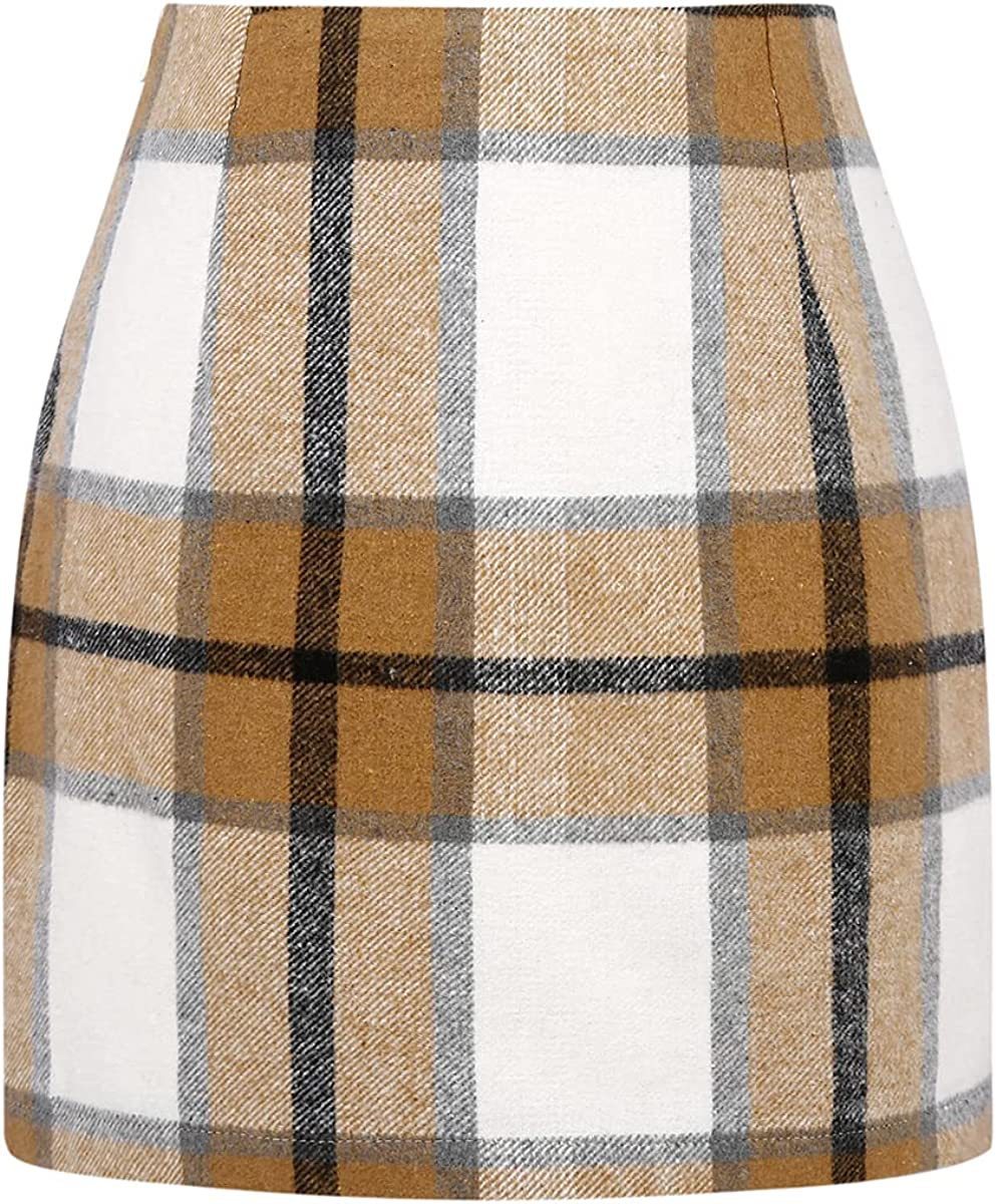 Women's High Waist Plaid Tight Pencil Wool Mini Skirt- CJ - mode24h