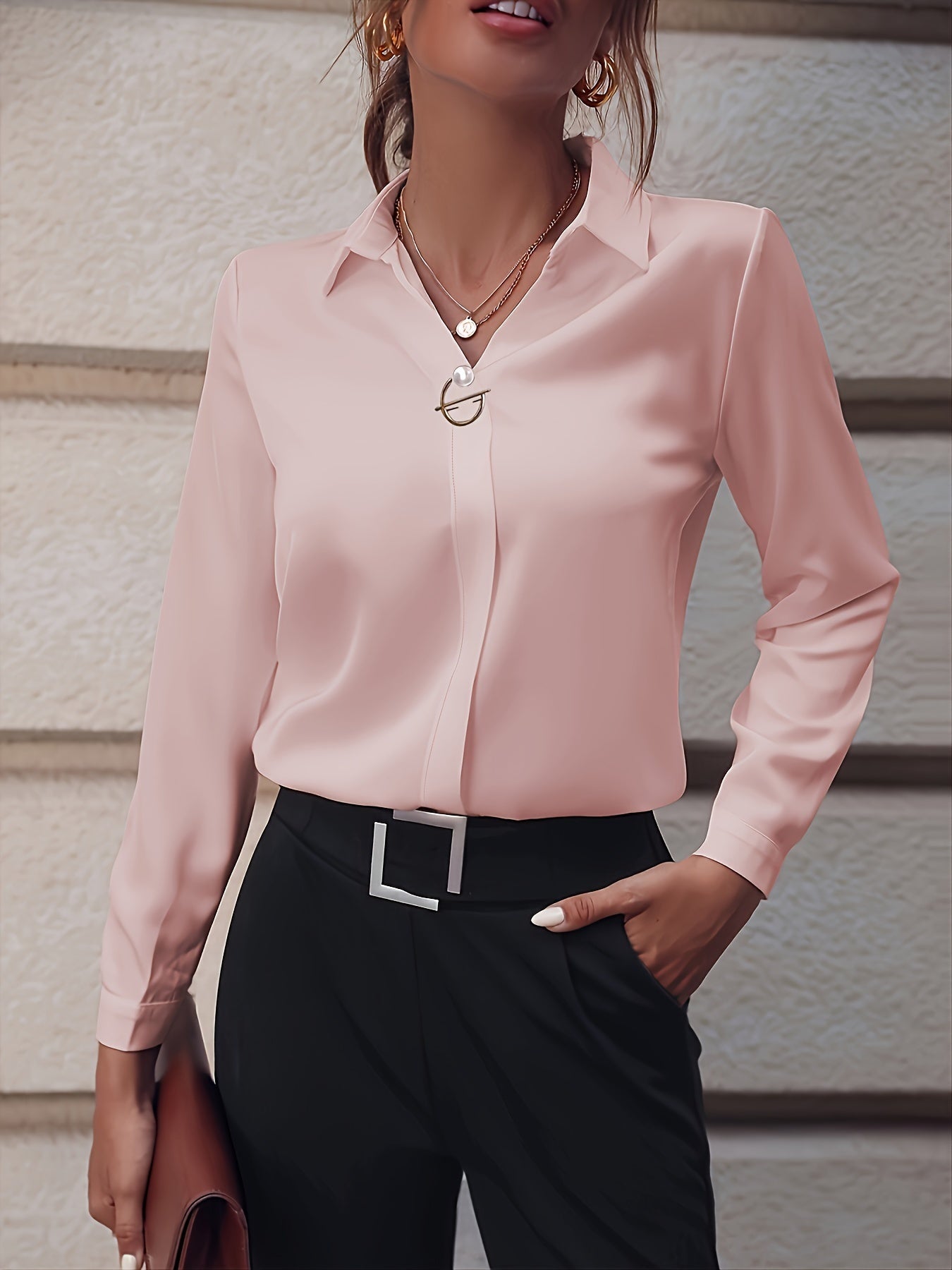 Fashionable Elegant Business Style Long Sleeve Shirt With Pearl Button- CJ - mode24h