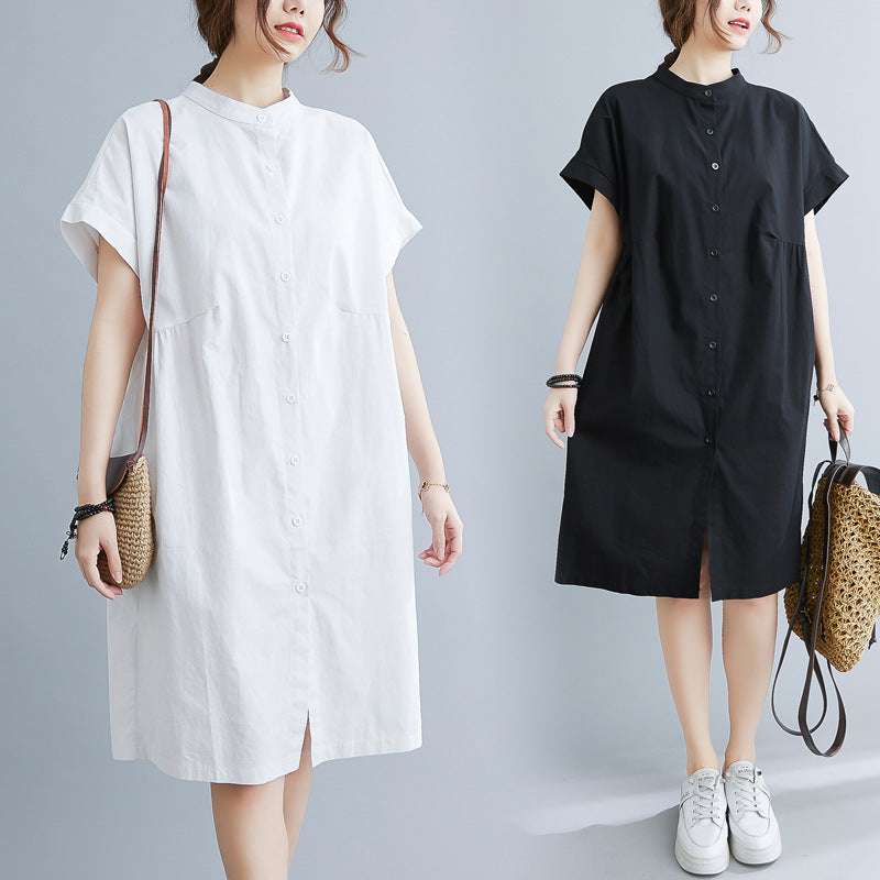 Literary Loose Plain Cotton And Linen Stand Collar Short Sleeves- CJ - mode24h