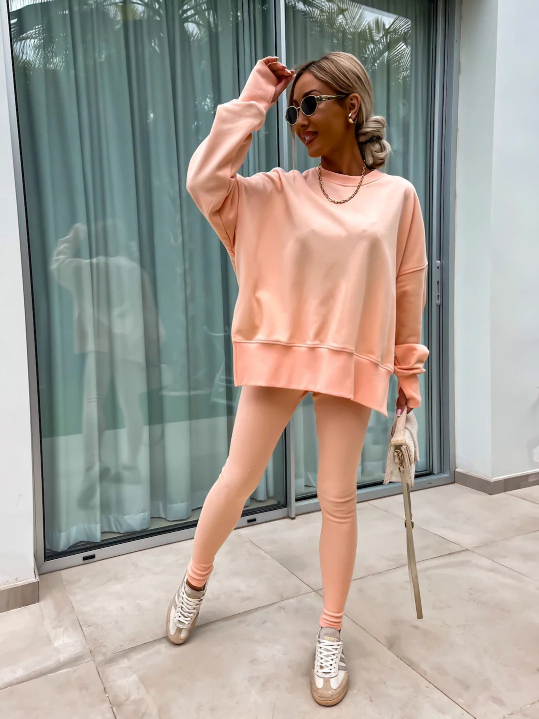 Sweater Suit Women's Casual Loose Long Sleeve Crew Neck Split Top Tight Trousers - CJ - mode24h