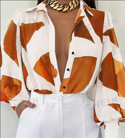 Women's Elegant Loose Geometric Print Lantern Sleeve Blouse, Spring & Summer - CJ - mode24h