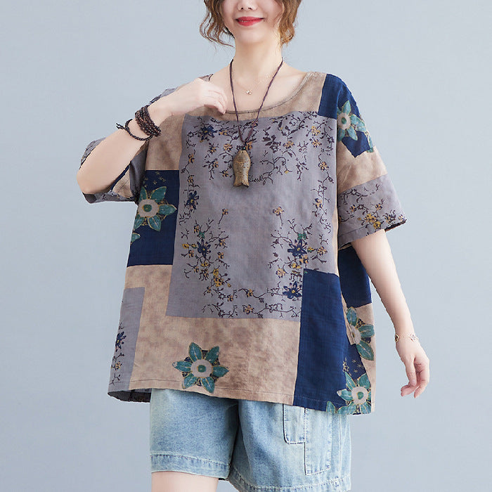 Ethnic Style Loose Round Neck Print Short Sleeve T-shirt -CJ - mode24h