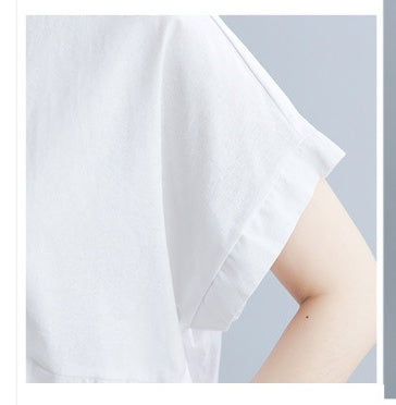 Literary Loose Plain Cotton And Linen Stand Collar Short Sleeves- CJ - mode24h
