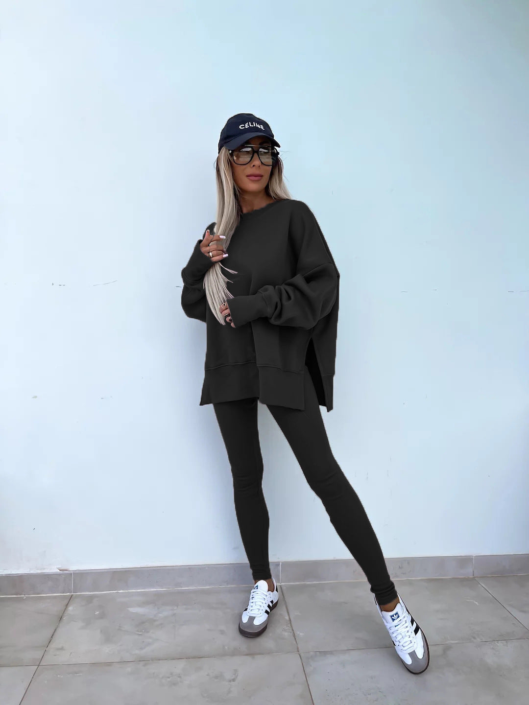 Sweater Suit Women's Casual Loose Long Sleeve Crew Neck Split Top Tight Trousers - CJ - mode24h
