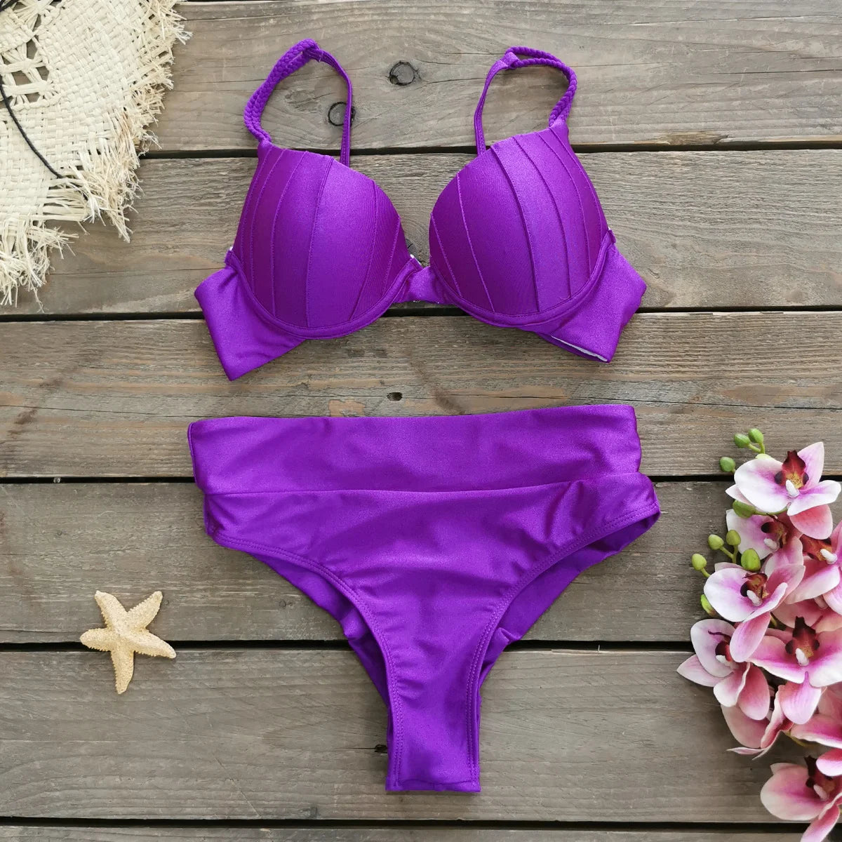 Vintage High Waist Padded Push Up Bikini Women Swimwear - ds